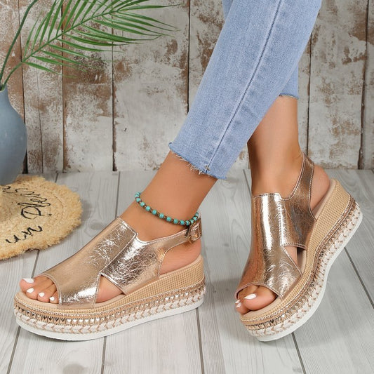 Gold Metallic Peep Toe Wedge Sandals